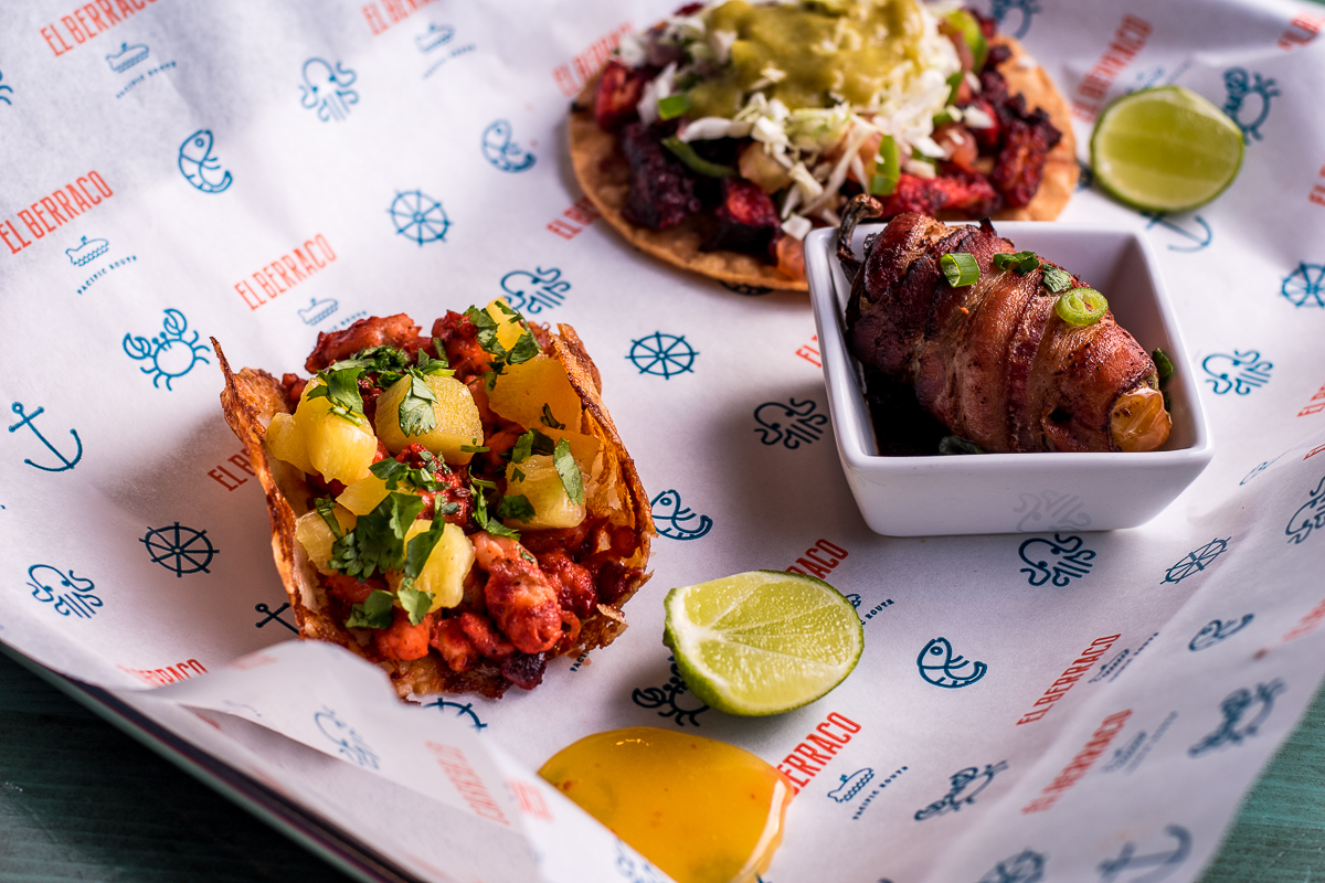 Lunch Combo with Shrimp Pastor Taco, Octopus Chicharrón Tostada, and Torito at El Berraco (Credit: Jackie Tran)