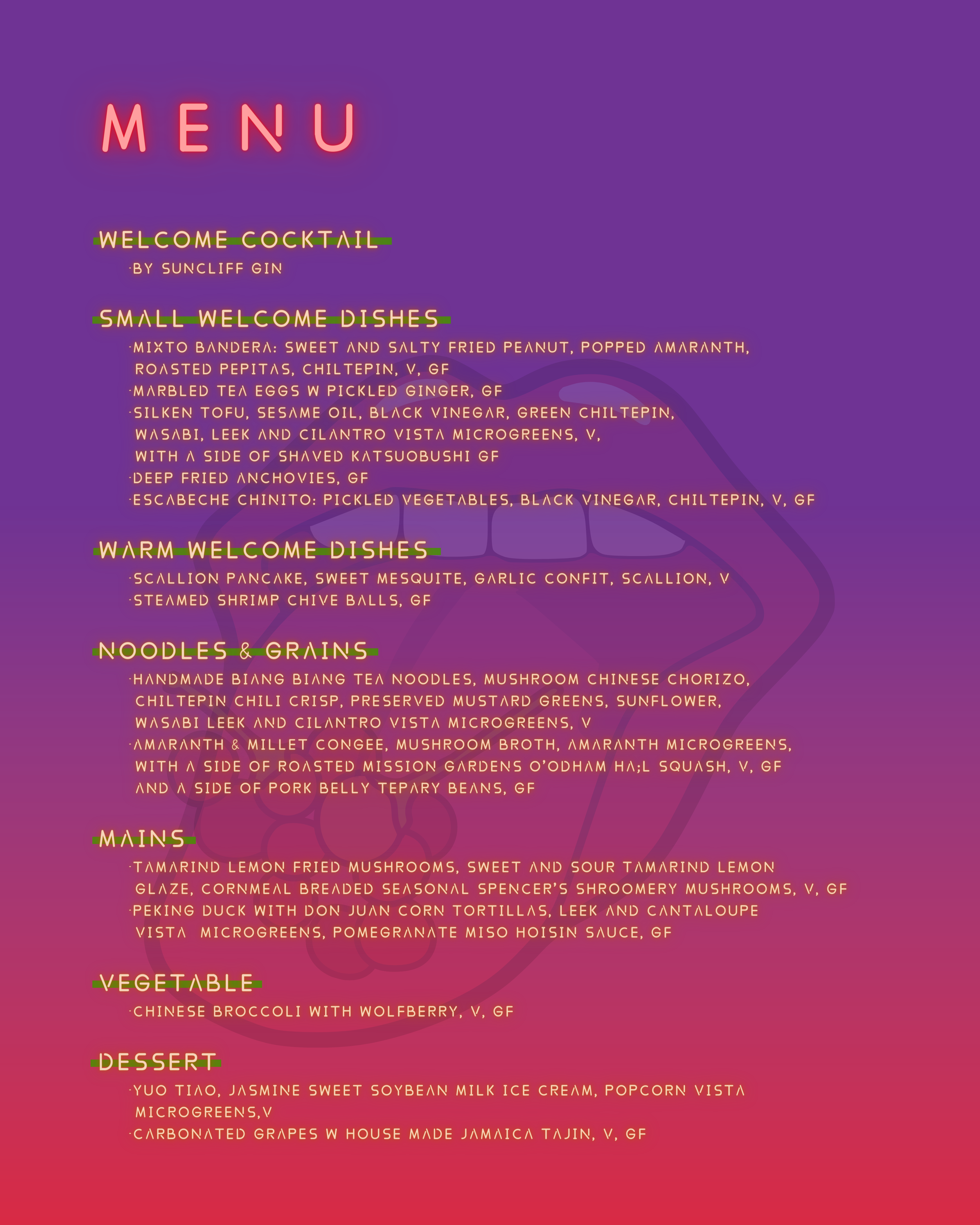 Welcome Cocktail, small welcome dishes, Noodles and grains, mains & vegetables by Suncliff Gin