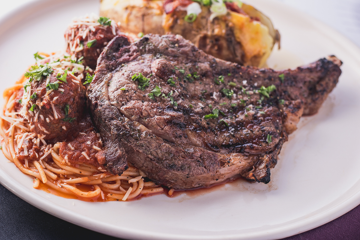 Spaghetti and Ribeye at Classic Spaghetti Western Steakhouse (Credit: Jackie Tran)