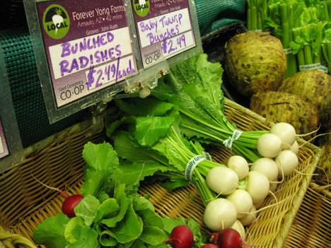 Local radishes for sale at the Food Conspiracy Co-op