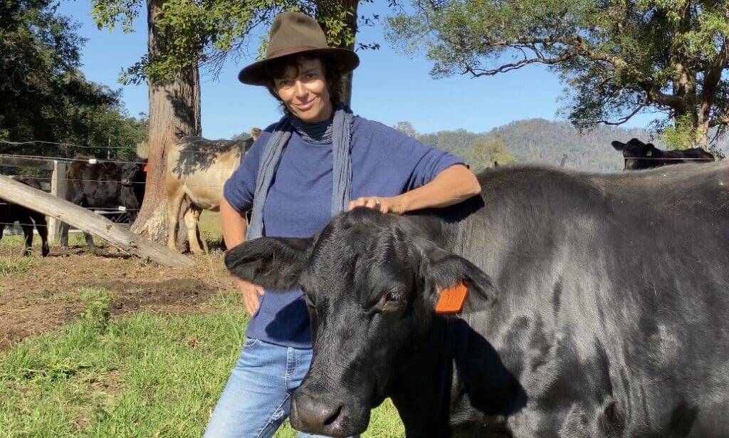 Rachel Ward + cow, Rachel's Farm