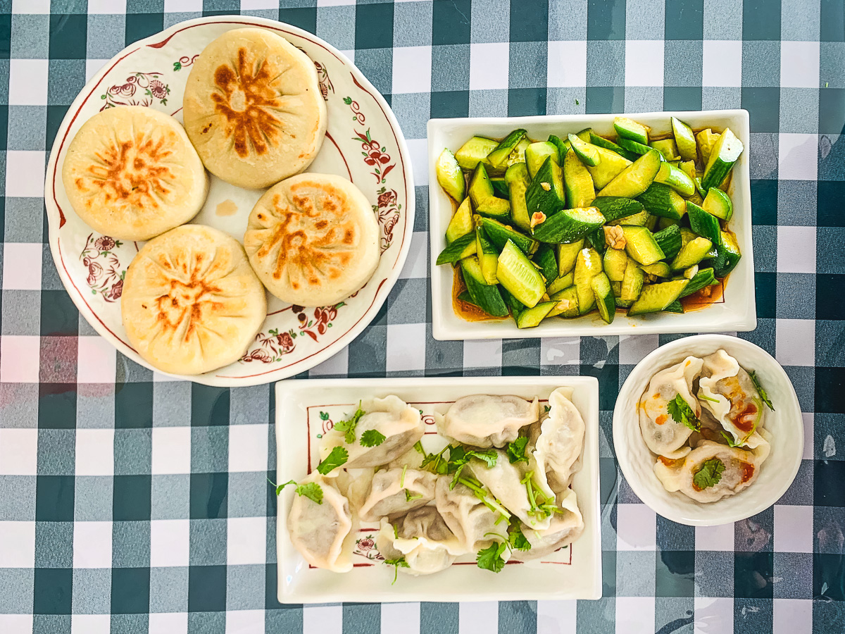 Pork with Scallion Pie, Cold Cucumber Salad, and Dumplings at Jewel's Noodle Kitchen
