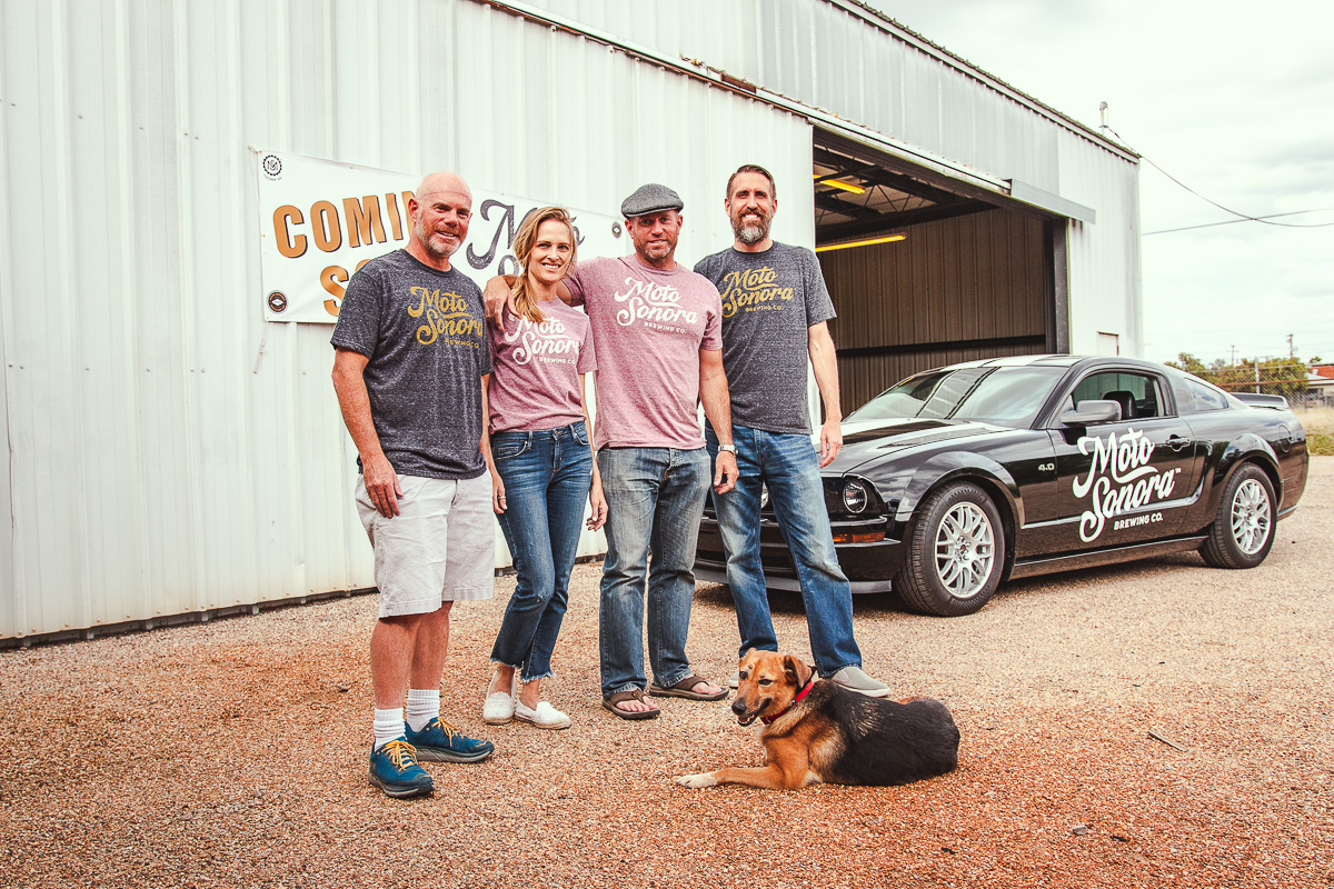 Jeff DeConcini, Karyn DeConcini, Jeremy DeConcini, Eric Thu, and TJ the brewery dog at MotoSonora Brewing Co. (Credit: Jackie Tran)