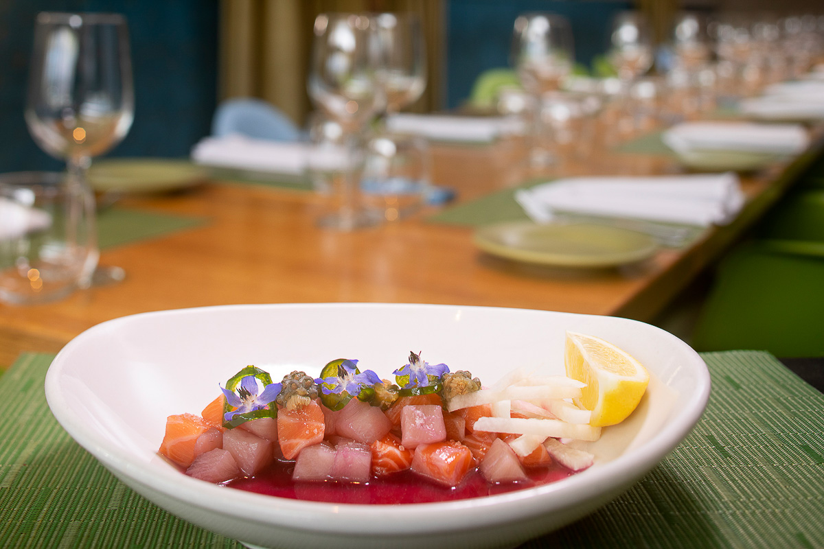 Salmon Belly + Hamachi Aguachile at DOWNTOWN Kitchen + Cocktails (Credit: Tim Fuller)