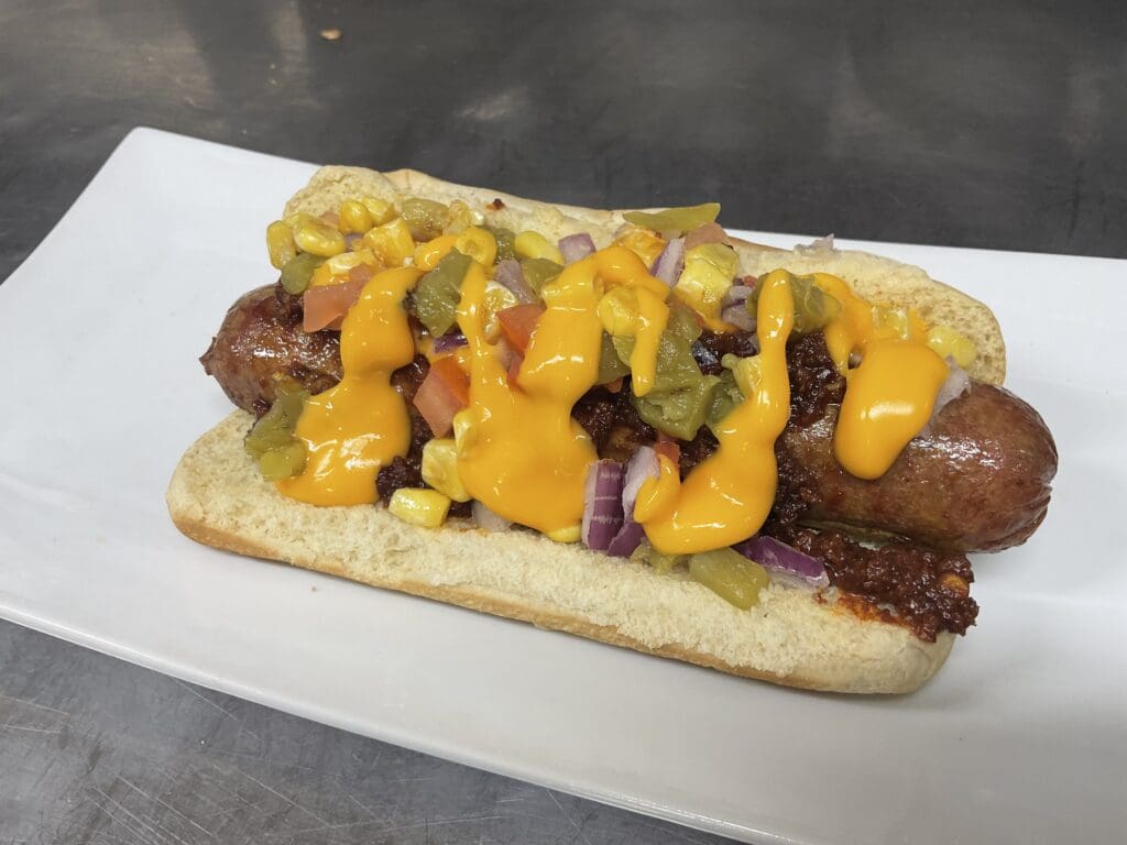 a hot dog on a bun