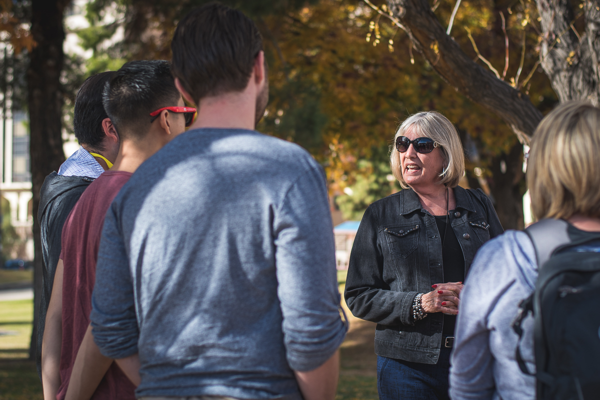 Taste of Tucson Downtown co-owner Sherry Weiss during a tour in front of Veinte de Agosto Park on South Church Avenue (Credit: Jackie Tran)