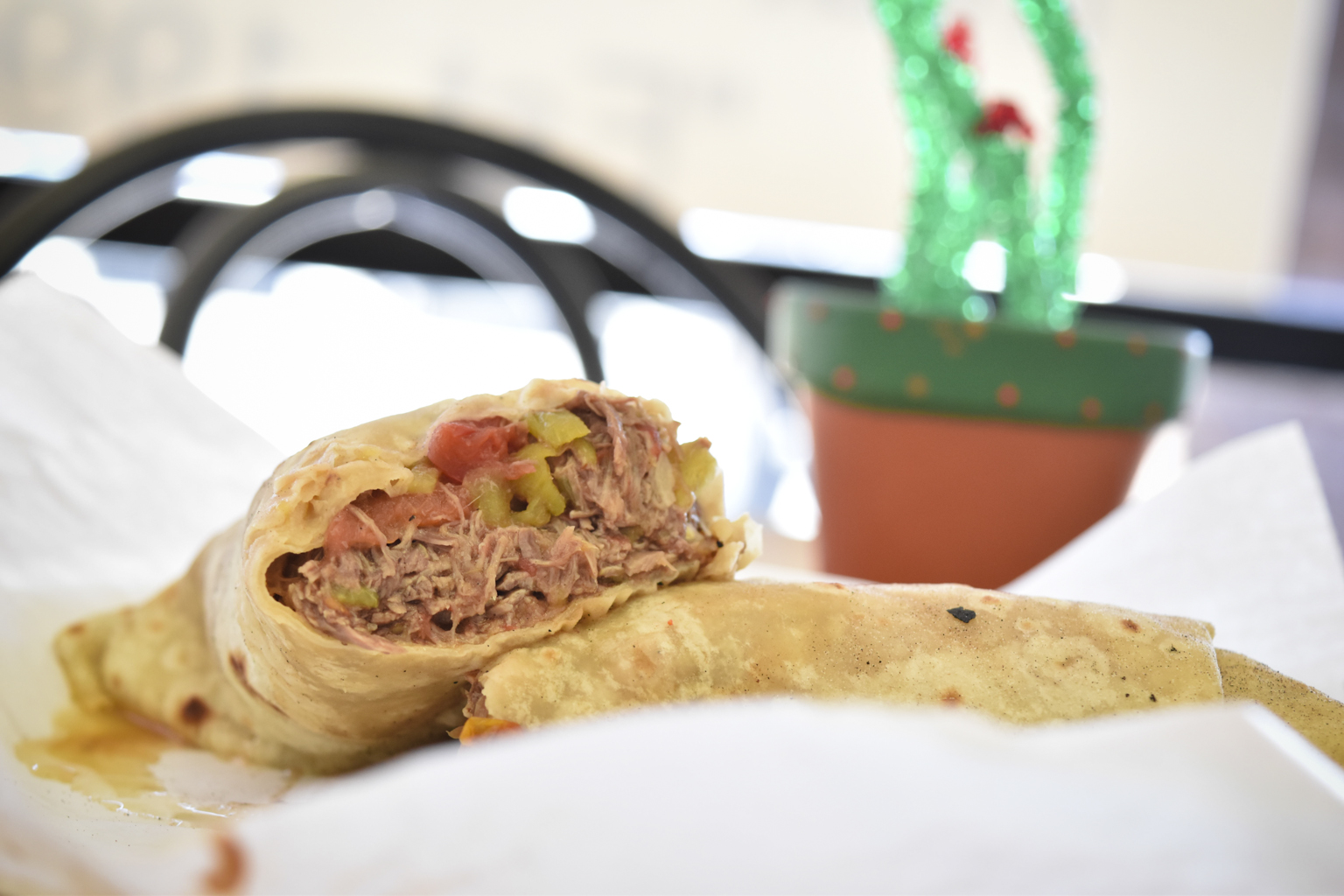 Green chile burro at La Mesa Tortillas